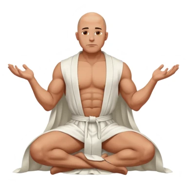 fullbody jacked bald guy, sleeveless and unbuttoned in full white robe sitting without chair and hands down sticker