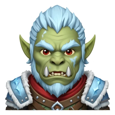 Fantasy Christmas orc portrait icon, frost clan warrior style, winter fur armor, icy details, strong brutal face, snowy battlefield mood, clean emoji style, male/female variant sticker