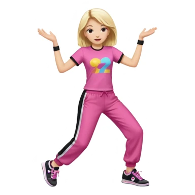 Hiphop dancer, with cute big pants, sneakers, and t-shirt. White girl blond. Coloufull shirt. No pocket pants. Dancing. Pink and black plain outfit. No sweatbands on the wrist, black music box behind her. sticker