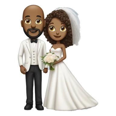 Black bald man with a beard and his wife with long, brown, curly hair on their wedding day sticker