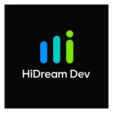 create high dream logo like this with text "HIDream Dev", black background  sticker