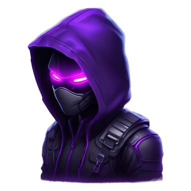 Hacker behind his laptop with this style : crysis Cyberpunk Valorant neon glowing bright purple character purple violet black hooded assassin themed character sticker
