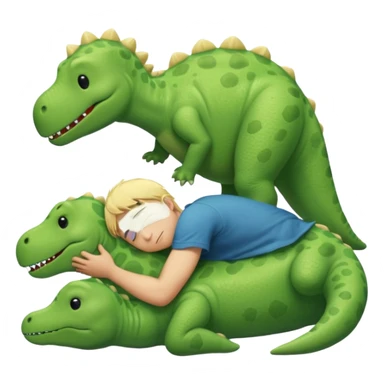 Blond boy sleeping with green pillow with dinosaur sticker