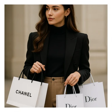 A classy girl carrying Chanel and Dior shopping bags, wearing trendy clothes, sophisticated and graceful. sticker