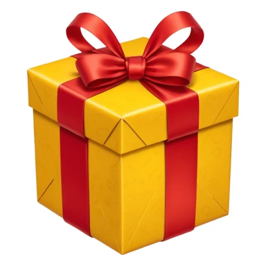 box with yellow wrapping paper and a length of red ribbon surrounding it sticker