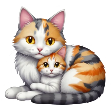 grey and white cat cuddling a colourful light patched calico + white tabby cat sticker