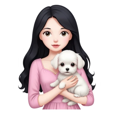 beautiful girl with long black hair wearing pink dress holding a white Maltese puppy sticker