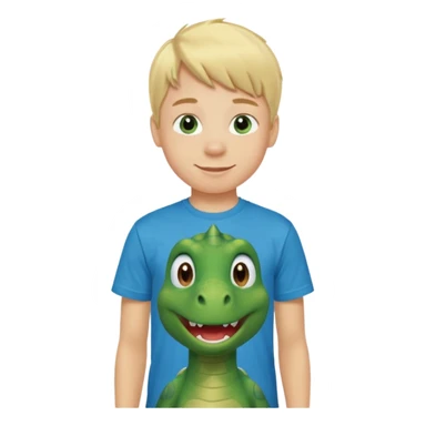 A smiling blond boy with blue eyes wearing a green dinosaur T-shirt sticker
