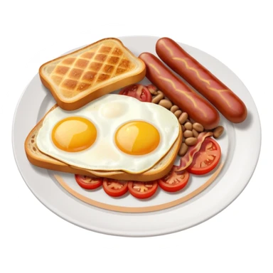 full English breakfast with eggs, bacon, sausage, beans, toast, and tomato on a white plate sticker