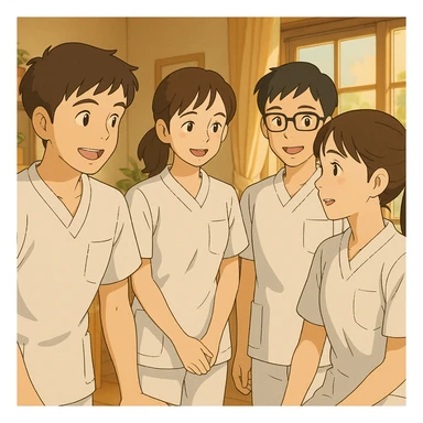 Quatre étudiants infirmiers, style Ghibli, en interaction dans un environnement intérieur. Uniformes blancs à manches courtes, tuniques col en V, poche poitrine à gauche, avant-bras nus, pas de pied de col ni stéthoscopes, cheveux longs attachés pour celles qui en ont. Visages inspirés des quatre photos jointes. sticker