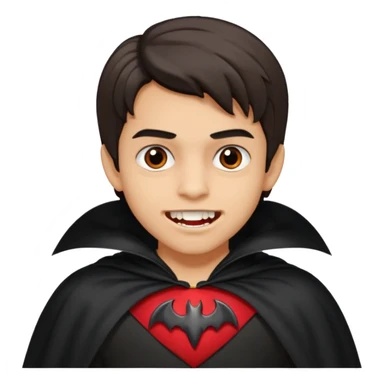hispanic boy, medium length hair, vampire teeth sticker