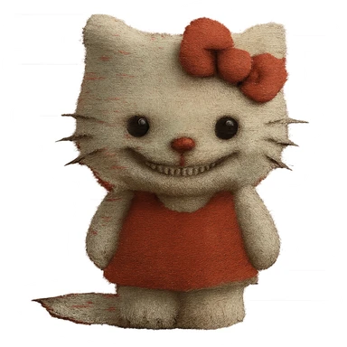 Add a digital glitch effect to the image while keeping the uncanny and unsettling vibe. Remove the background entirely for a clean isolated subject. sticker