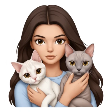 brunette Kendall Jenner with long hair holding on the hands a british white british cat and a grey Sphynx cat sticker