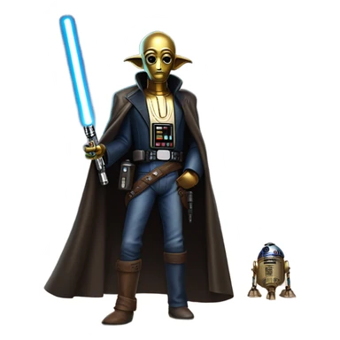 jedi first order human-sized darkblue-pearl friendly bounty hunter c3po droid wearing a leather wild west duster coat holding light saber ready to fight but relaxed. antiqued sticker