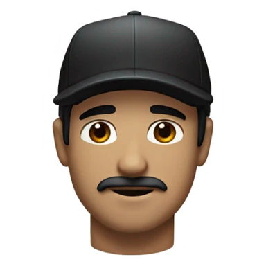 White guy with medium length straight black hair and a baseball hat. Brown eyes and a classic mustache and NO beard. Black hair sticker