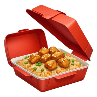 Orange chicken and fried rice in a red box sticker