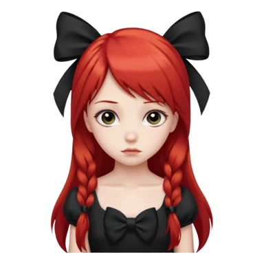 red long twin tail hair girl with black bow on her hair wearing black dress with a sad face sticker