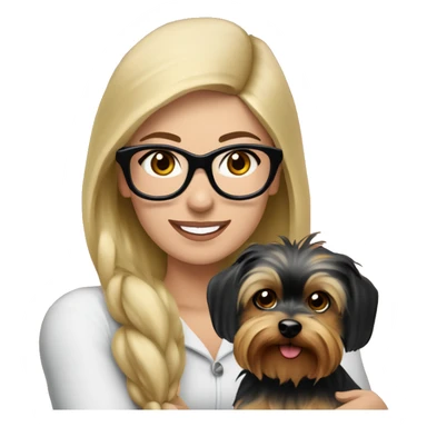 Beautiful blonde haired woman with ble eyes and black glasses wearing a red santa hat holding Yorkshire terrier sticker