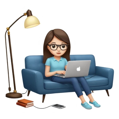 A girl is working with a laptop while lying on a sofa, with a floor lamp to the right. sticker