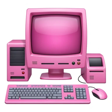 shiny pink translucent 90s computer with CRT monitor, keyboard, PC tower, mouse sticker