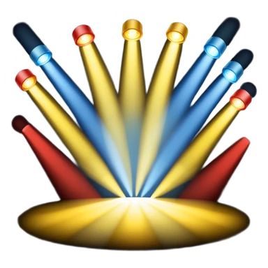 An emoji of stage lights shining brightly. Multiple spotlights in different colors (blue, yellow, red) angled towards a stage, creating a dramatic and concert-like atmosphere. Beams of light cutting through the darkness with a slight glow effect sticker