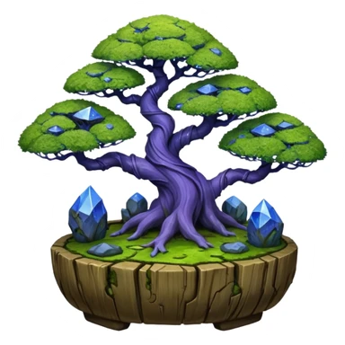 Cracked Futuristic wild glowing space alien moss maples shohin Bonsai hair-pine-leaf group multi faceted intricate hobbit-inspired boxwood purple blue informal rocky cliffhanger eight trees forest planting in shallow willow slab style pot with big animal-like feet  sticker
