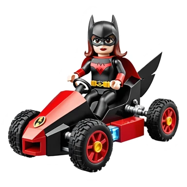 Hot full size real size-appearance electric road racing sexy BatWoman’s feminine midnight-colored tight outfit sixty’s tv show Lego dark stealthy sporty safe plush deluxe off-road pursuit cruiser car rose gold accents (black hair,reclined and relaxed torso and shoulders seating position) go kart  sticker