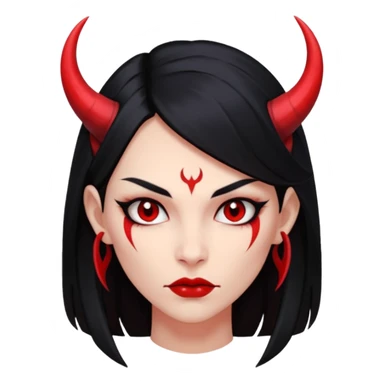 Head only demon girl, strong pronounced cheekbones, sharp angular jawline, skin fully pure red everywhere, long straight sleek black hair, small ho sticker
