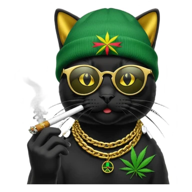 A black cat wearing the deal with it shades and a rasta beanie and smoking a joint and wearing a gold chain that says 420 and the words High Time at the top of the image sticker