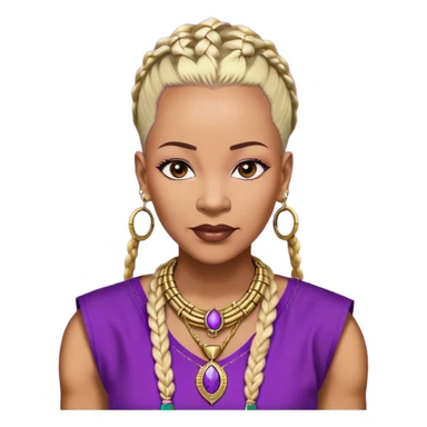 African american 57yr old , chocolate brown  woman who is 5ft 6in with a blonde and black mohawk of individual braids, with low shaved side haircut,
wearing a purple,  dashiki, with an gold  necklace of Draya inscribed,  wearing big gold bamboo earrings in ears with the name engraved of Draya sticker