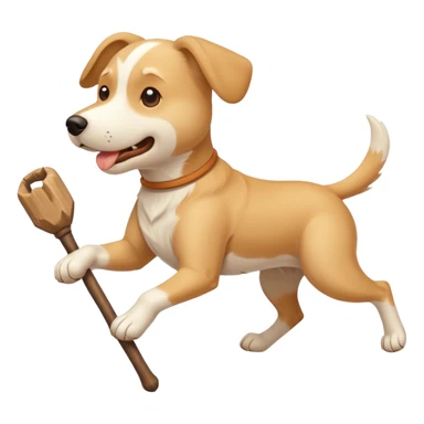 White and tan dog running with big stick in mouth sticker