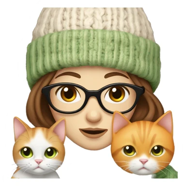 Woman with thin brown hair and a hat with glasses and brown eyes pale skin wearing a scarf and a sweater, holding an orange and white cat with green eyes sticker