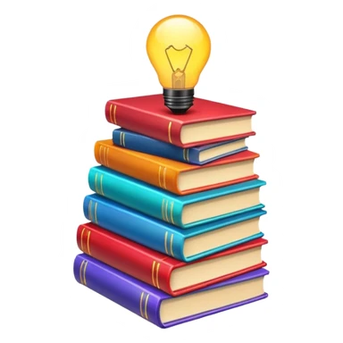 stack of books with a glowing idea symbol sticker