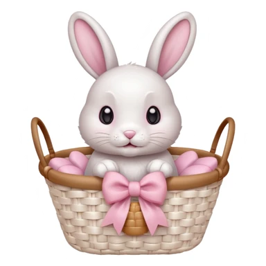 light pink bow on a beige white wooven basket. A bunny with its paws a bit out and sift white fur cute eyes sticker