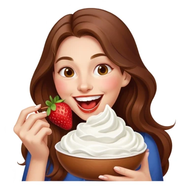 woman with long brown hair eating strawberries with  whipped cream, laughing elegant cute sticker