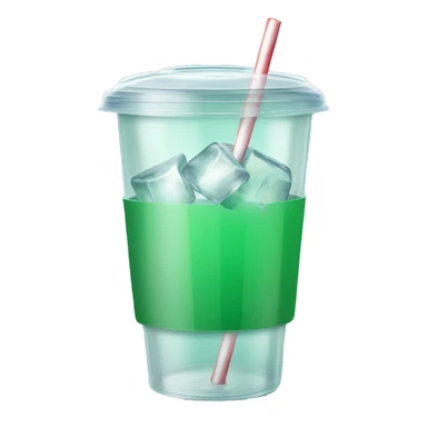 Realistic plastic cup and lid with half full Transluscent dark mint green and large ice cubes inside and one straw through the top of the lid. sticker