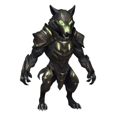 Warframe-inspired wolf Warframe with sleek biomechanical armor, a snarling wolf-like helmet, glowing eyes, and clawed gauntlets. Dark metallic colors with glowing energy lines, blending feral agility and deadly stealth. sticker