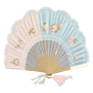 Rococo hand fan pale pink and pale blue and beige with lace sticker