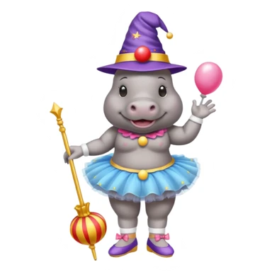 Hippo with a clown nose, a wizard hat, a ballerina tutu, a bikini, sandels and white socks  sticker