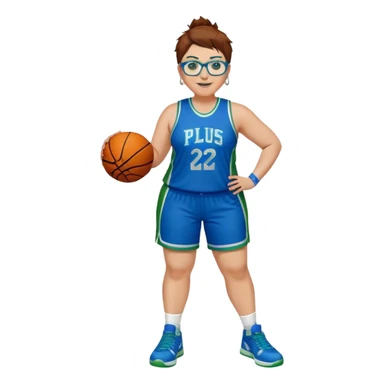 Full Body plus size white female basketball player with short medium brown hair with carmel highlights spikey hair wearing blue glasses 
 wide nose wearing blue green uniform  green sneakers smiling wearing silver hoop earrings sticker