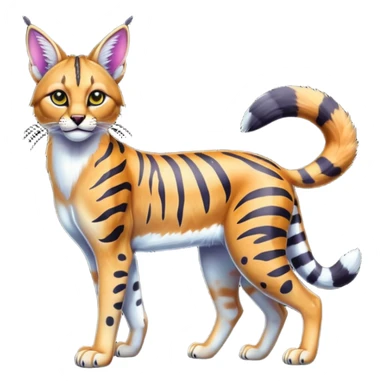 Colorful cartoon bright shiny vibrant iridescent neon tropical exotic anime Striped and spotted Lynx-Caracal-Serval-hybrid full body sticker