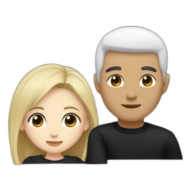 Blonde girl with brown eyes in black sweater and asian man with black hair and white skin hugging sticker