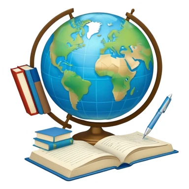 Create an emoji representing language translation. The design should feature a single globe in the background, symbolizing international communication. In front of the globe, place two books, with texts in it and a pen nearby to indicate the act of writing. Use a clean and professional color palette with blues, greens, and neutral tones. Do not include any emojis or smiley faces. Make the background transparent sticker
