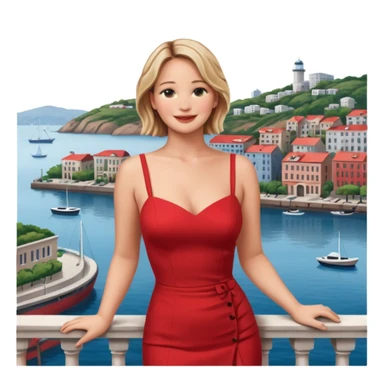 jennifer lawrence, red dress leaning on a balcony with a harbor and cityscape in the background, smiling, closeup sticker