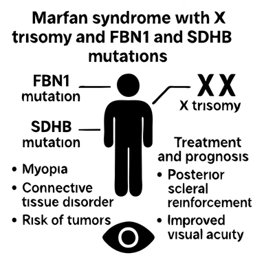 Create a scientific poster summary graphic based on a case report of Marfan syndrome with X trisomy and FBN1 and SDHB mutations. The central figure should represent a patient with clear callouts for key genetic findings: FBN1 mutation, SDHB mutation, and X trisomy. Include main clinical features such as myopia, connective tissue disorder, and risk of tumors. Also show treatment and prognosis details including posterior scleral reinforcement and improved visual acuity. Use a clean, professional style with a solid white background and bold black text for all labels. The design should be suitable for medical professionals and students. Reference the provided case report image for context. sticker