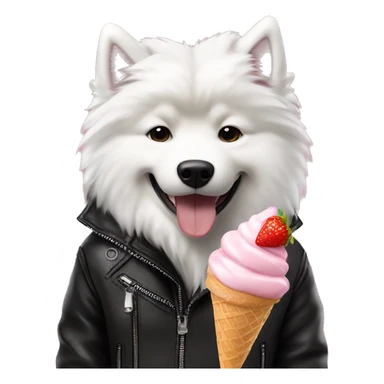 Samoyed dog eating vanila strawberry ice cream wearing black leather jacket  sticker