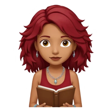 a pretty tan indian bratz girl with messy dark wavyred hair, wearing a dark red tank top, layered silver necklaces. Carrying multiple sketchbooks sticker