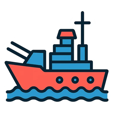 battleship icon, lineal color icon style, black outlines, minimal color accents sticker