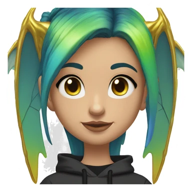 Lady with brunette and iridescent blue hair, gold, lime green dragon wings, black hoodie, oilslick holographic, black and gold Nike t shirt, and bright red eyes sticker