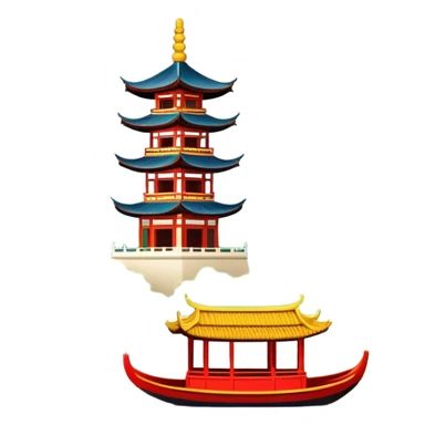 Hangzhou West Lake with traditional boat and bridge, simplified emoji style with bold outlines and bright colors, cartoon style pagoda by lake sticker